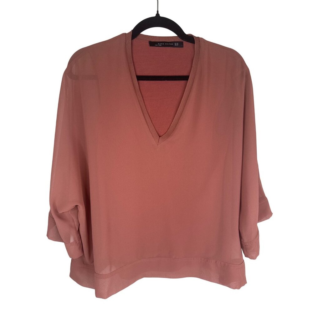 2/$30 ZARA XS Woman Rose Pink V-Neck Blouse Sheer Overlay